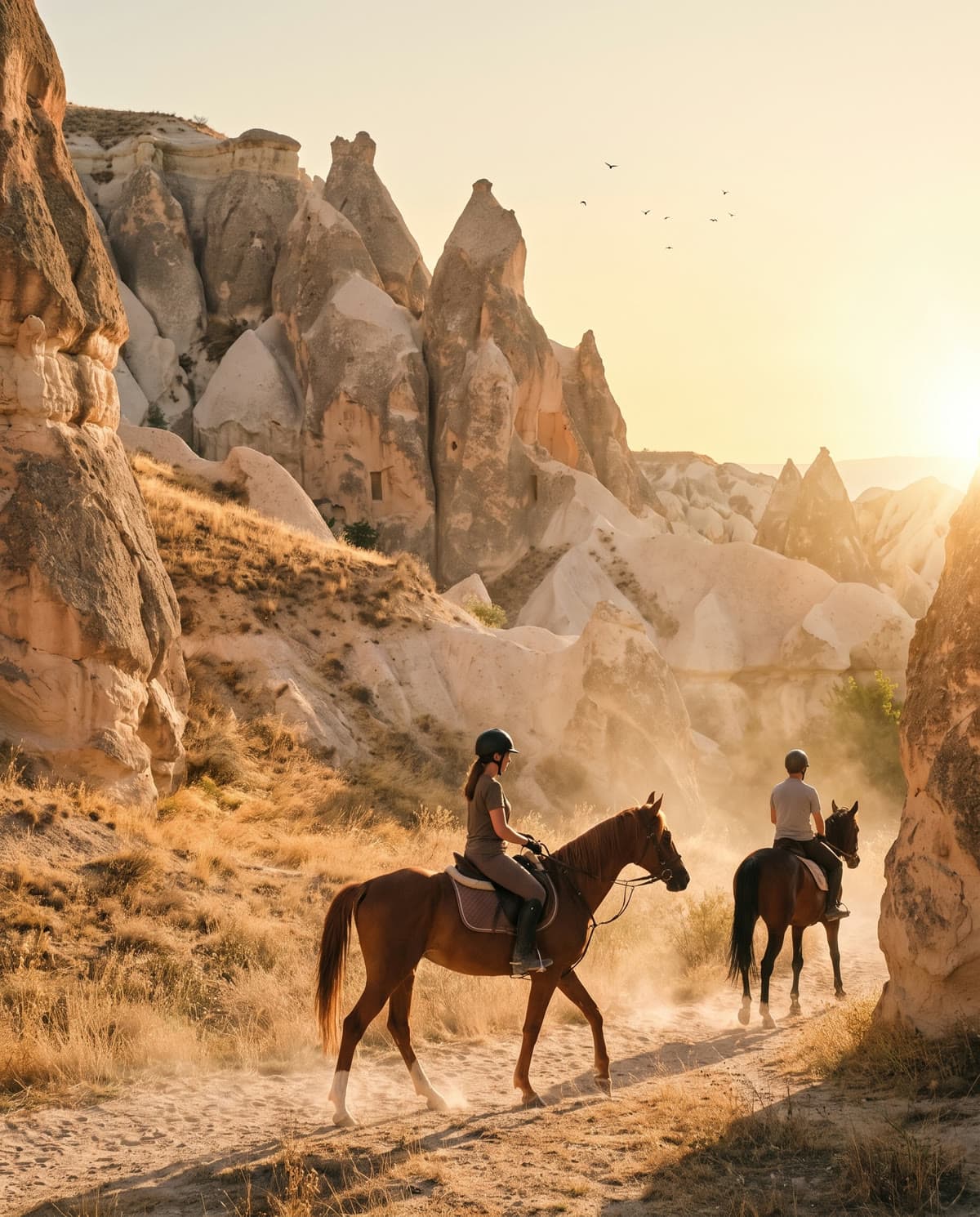 Des cavaliers sur un sentier dans une vallée de la Cappadoce