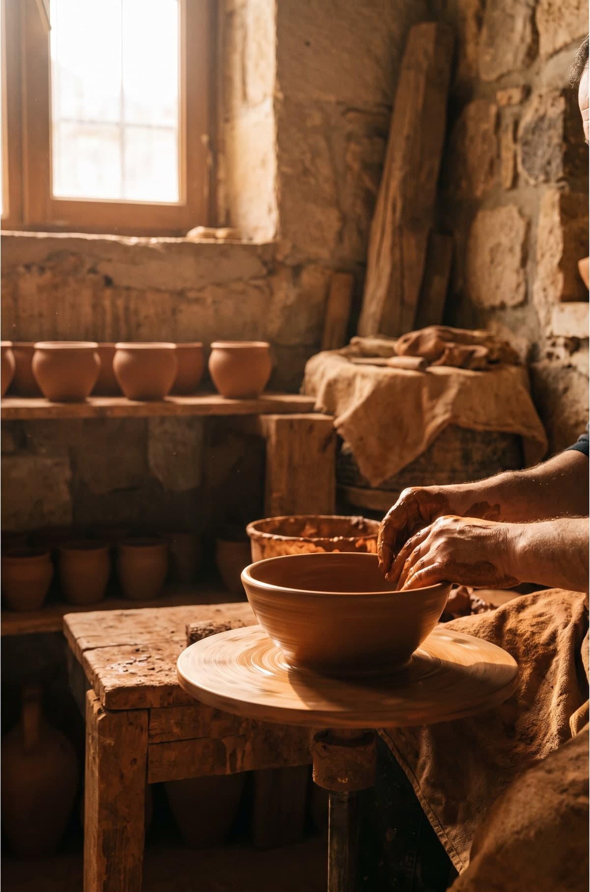 Des mains façonnant de l’argile dans un atelier de poterie à Avanos