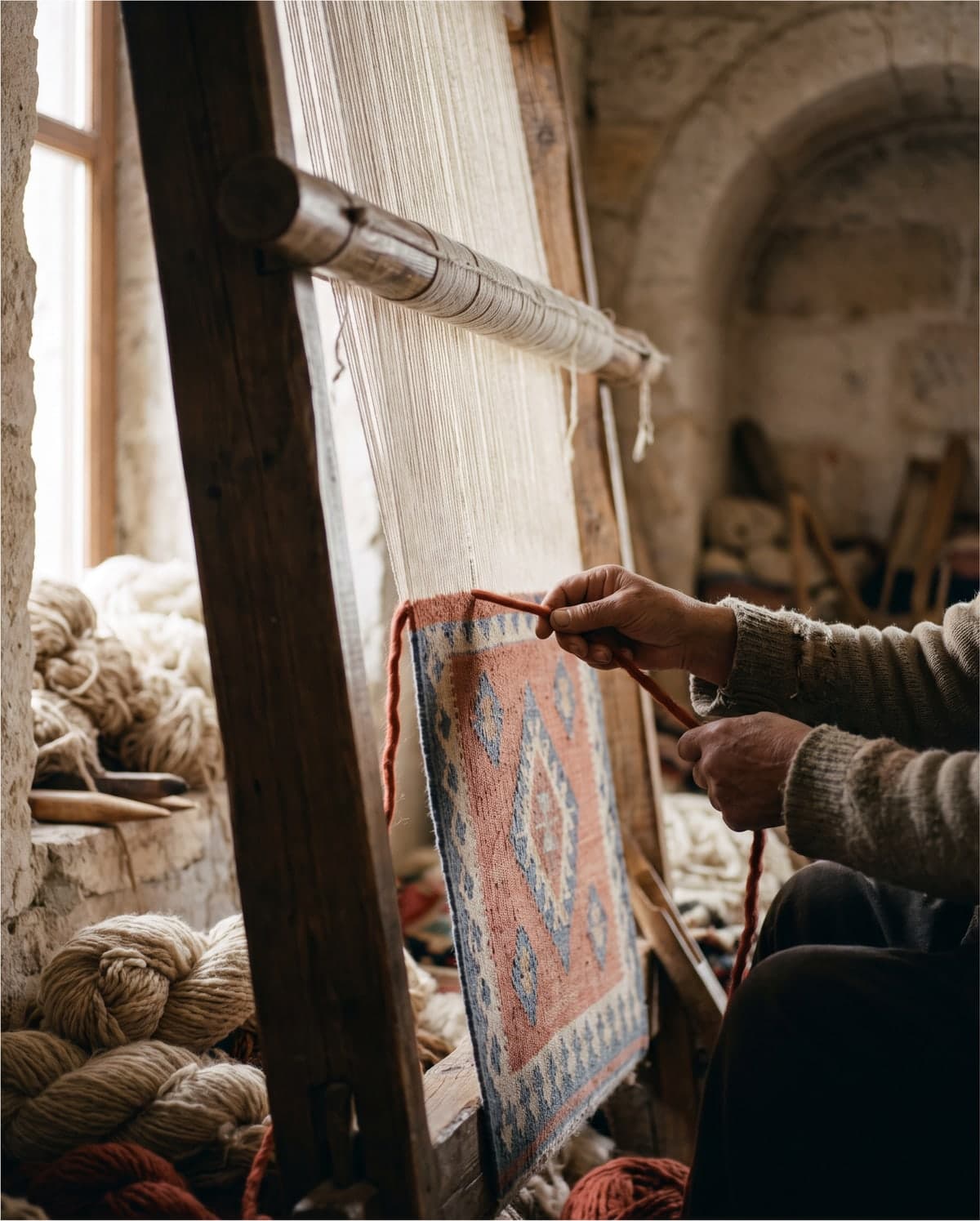 Un kilim anatolien rouge et indigo sur un métier à tisser en bois