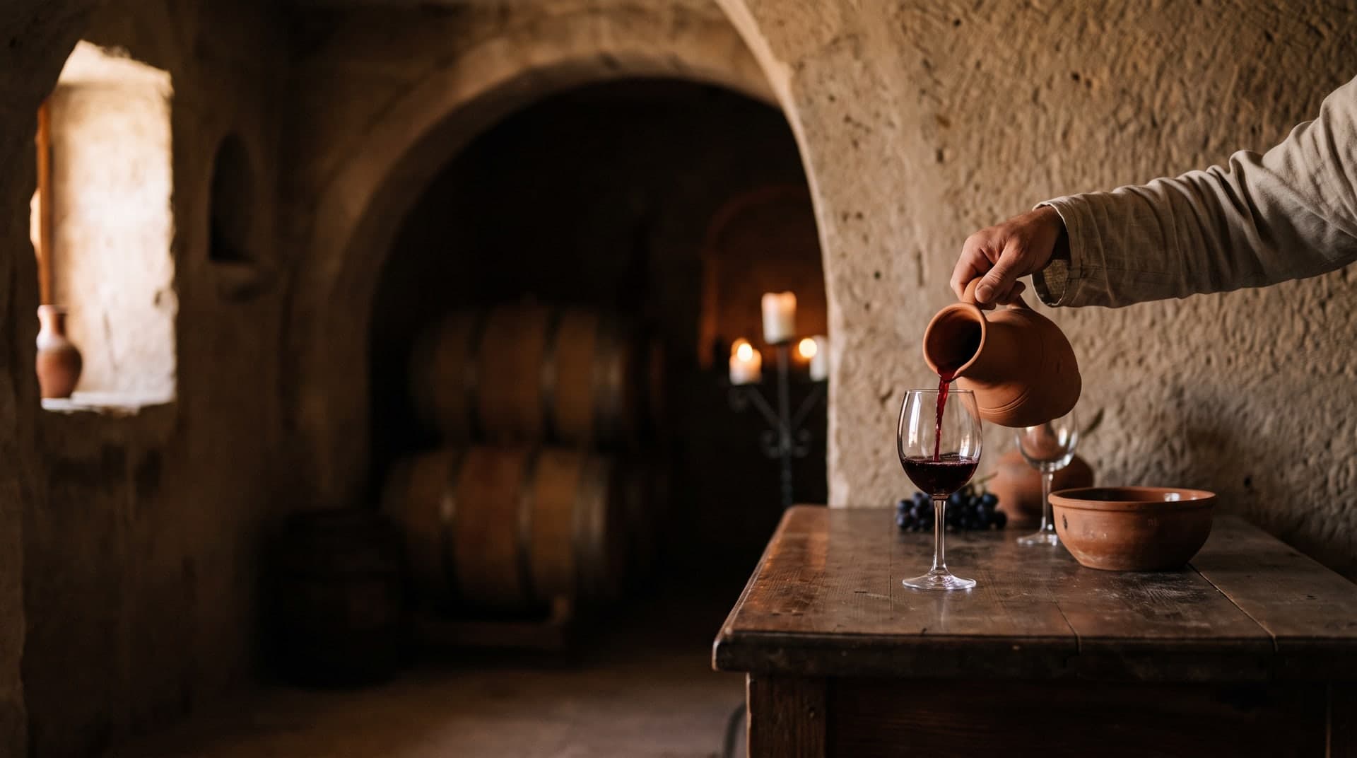 Du vin rouge versé d’une carafe en terre cuite dans une cave de Cappadoce